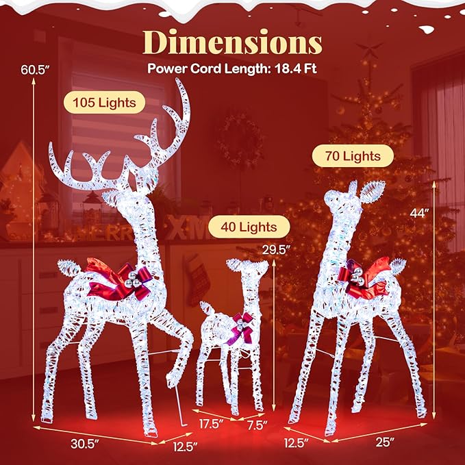 Tangkula 3-Piece Christmas Lighted Iridescent Reindeer Family Set, Pre-lit Xmas Deer Family with 215 Cold White LED Lights, Ground Stakes, Lighted Holiday Decoration for Indoor, Outdoor
