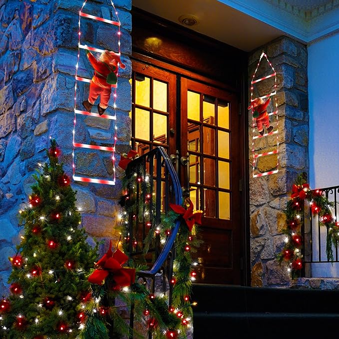 Toodour LED Christmas Light - 2.5FT Christmas Decorative Ladder Lights with Santa Claus, Xmas Decorations Light for Indoor Outdoor, Window, Garden, Home, Wall, Xmas Tree Decor - White & Red
