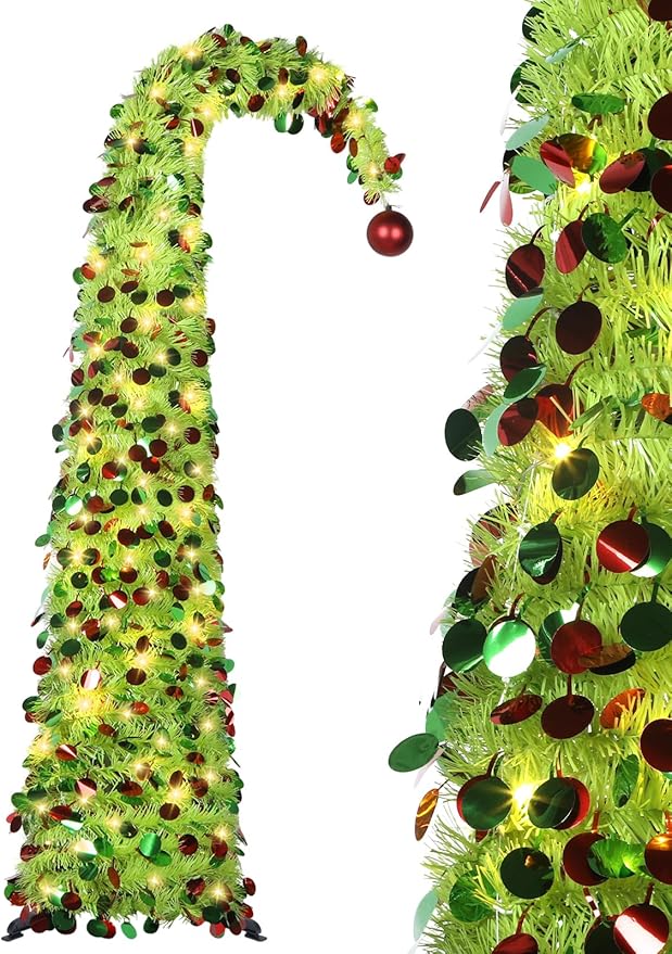 HMASYO 5 FT Whimsical Pop Up Christmas Tree with Timer Lights, Lime Green Christmas Tinsel Tree Collapsible Artificial Pencil Tree for Indoor Home Apartment Porch Holiday Party Decorations