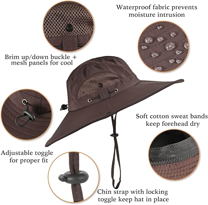 Wide Brim Fishing Sun Hat for Men Women, UPF 50+ Waterproof Bucket Boonie Hat Hiking Camping Safari Garden Beach