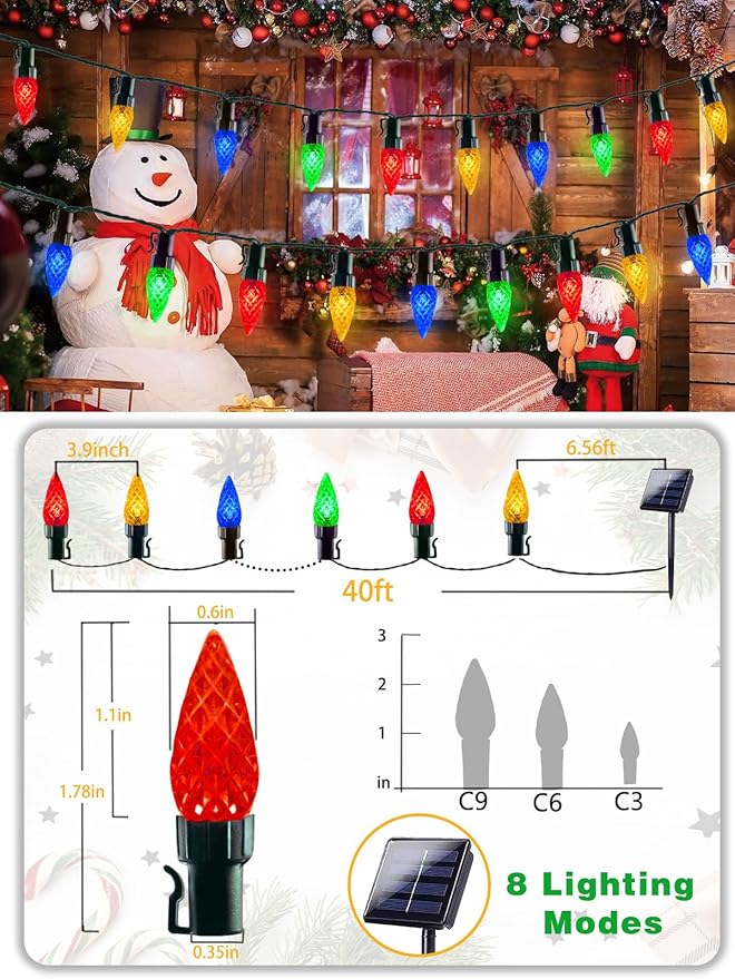C6 Solar Christmas Lights Outdoor, 100 LED 40FT Christmas Decorations Outdoor Waterproof, Solar String Lights for Outside with 8 Modes, Fairy Twinkle Light for Tree Garden Yard Xmas Decor (Multicolor)