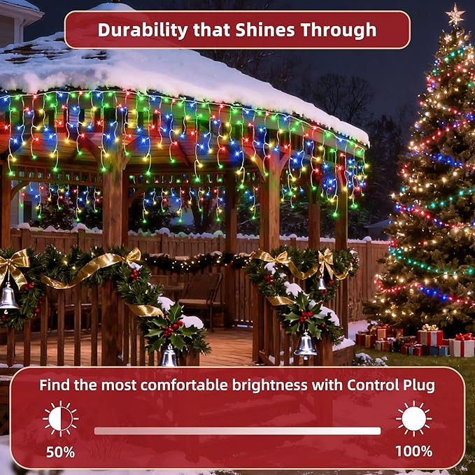 504 LED Christmas Lights Outdoor 50FT with 112 Drops, Christmas Decorations Hanging Lights 12 Modes, Dimmable Outsite Fairy String Lights for Wedding Party Holiday Winter Wonderland Decor Multicolor