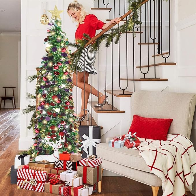 HMASYO 5 FT Pop Up Christmas Tree with Timer Lights, Green Christmas Tinsel Tree, Collapsible Artificial Pencil Christmas Tree for Indoor Home Apartment Porch Holiday Party Decorations