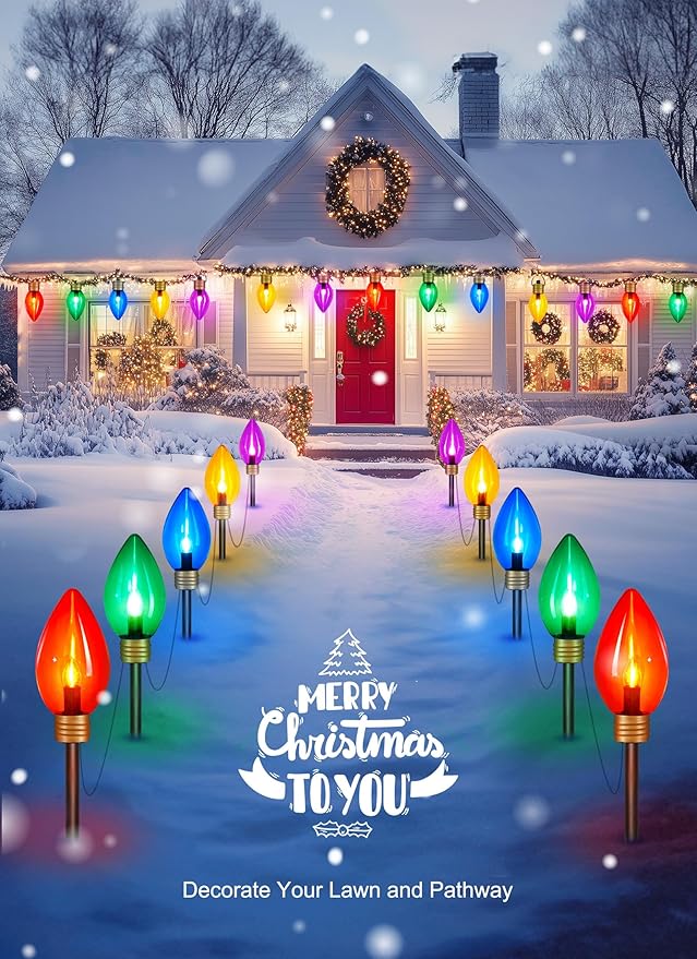 Minetom 2 Pack Super Jumbo Christmas String Lights or Pathway Marker Lights, Outdoor Xmas Decorations, 11Ft 5 LED Jumbo C9 Hanging Light Waterproof Lawn Dec for Holiday Home Tree Roof Yard, Multicolor