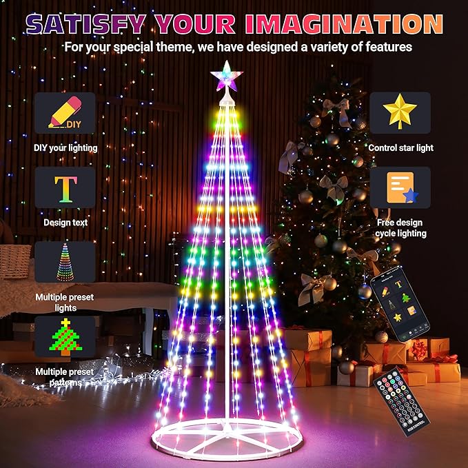 6FT Smart Cone Christmas Tree, Multicolor Prelit Outdoor Christmas Tree Lights, Music Sync, App & Remote Control, LED Light Show Tree for Indoor Outdoor Decorations