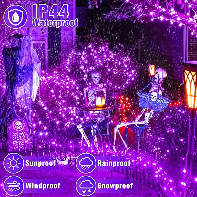 66FT 200 LED Outdoor String Lights, Purple Halloween Lights Waterproof 8 Modes, Connectable Halloween Decorations Lights Clear Wire for Indoor House Bedroom Tree Patio Garden Party