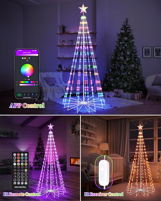 Brightever 7FT 295 LED Smart Cone Christmas Tree, Outdoor Prelit Christmas Tree with 16 Million DIY RGB LED Light Show, Remote APP Control Color Changing Music Sync for Xmas Outdoor Decorations