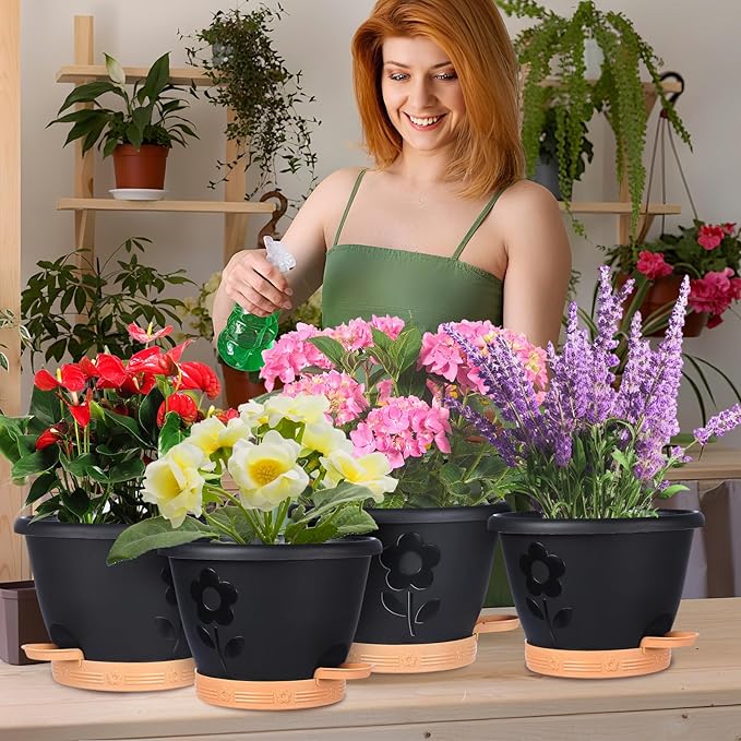 Plant Pots 10 Inch Set of 4, Self Watering Pots with Drainage Holes, Saucer & Reservoir, Flower Pots for Indoor/Outdoor Plants, Decorative Nursery Planting Pots (Black)