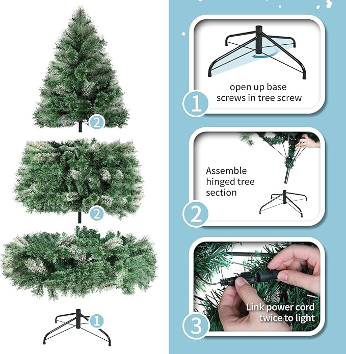Arlopu 6ft Pre-lit Artificial Cashmere Christmas Tree, Snow Flocked Prelighted Pine Needle Xmas Tree, W/Warm White Lights, Tips, Foldable Metal Base for Home Store Party Holiday Decoration