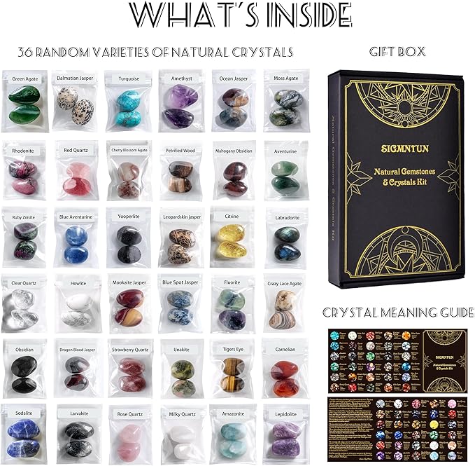 Polished Healing Crystal Stones Set – 36 Different Natural Gemstone Types, 2.5 lbs of 0.8" Tumbled Decorative Rocks for Chakra, Meditation, Reiki, Energy Work, Crafts, Gifts