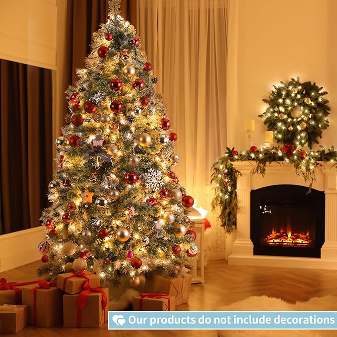 Arlopu 9ft Pre-lit Artificial Cashmere Christmas Tree, Snow Flocked Prelighted Pine Needle Xmas Tree, W/Warm White Lights, Tips, Foldable Metal Base for Home Store Party Holiday Decoration