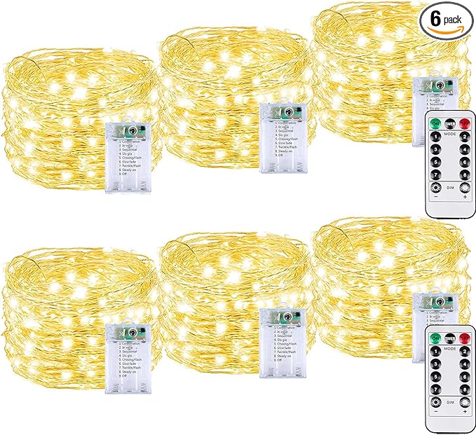 6 Pack 60LED Christmas Battery Operated Fairy Lights with Remote, 8 Modes String Lights with Timer, Dimmable, Memory Function, Waterproof Twinkle Lights for Outdoor Indoor Christmas Decor(Warm White)