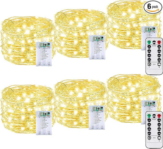6 Pack 60LED Christmas Battery Operated Fairy Lights with Remote, 8 Modes String Lights with Timer, Dimmable, Memory Function, Waterproof Twinkle Lights for Outdoor Indoor Christmas Decor(Warm White)