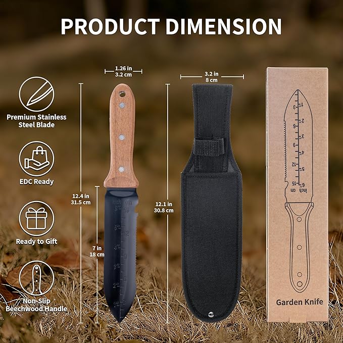 YANG Hori Hori Garden Knife, 7" Stainless Steel Gardening Knife with Oxford Cloth Sheath, Full Tang Beechwood Handle EDC Garden Tool for Digging, Planting & Weeding, Pointed Tip for Hard Soil