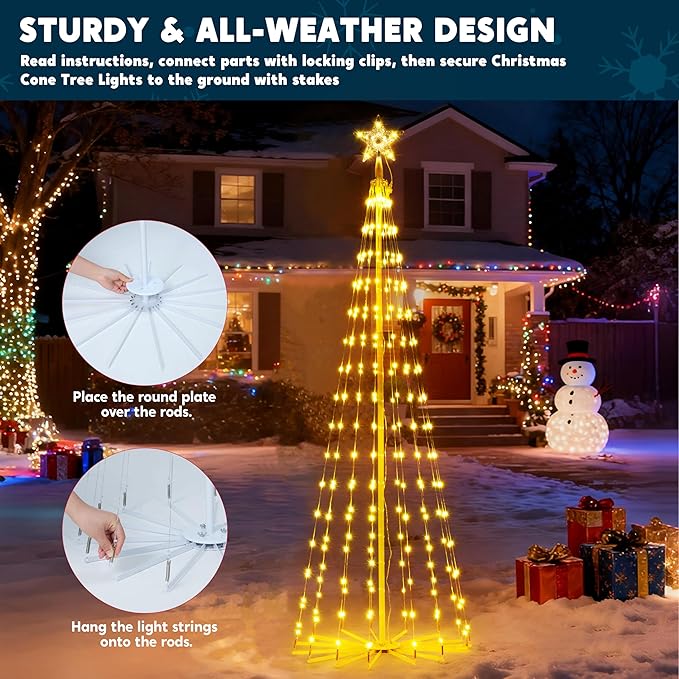 JOIEDOMI LED Christmas Cone Tree Lights, 6FT Outdoor Lighted Tree with 8 Lighting Modes & Star Topper, Christmas Decorations for Yard Porch Patio Garden Holiday Decor, Multicolor
