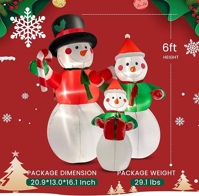 VIVOHOME 6FT Christmas Inflatable Outdoor Decoration, Snowman Family, Navidad Blow Up Yard Decor with Built-in LED Light for Lawn, Garden, Party