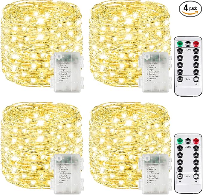 4 Pack Christmas Fairy Lights Battery Operated with Remote, 33FT 100LED Waterproof Twinkle Lights with Timer, String Light Indoor & Outdoor for Bedroom Wedding DIY Christmas Decoration (Warm White)
