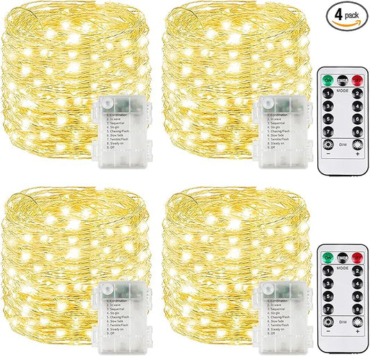 4 Pack Christmas Fairy Lights Battery Operated with Remote, 33FT 100LED Waterproof Twinkle Lights with Timer, String Light Indoor & Outdoor for Bedroom Wedding DIY Christmas Decoration (Warm White)