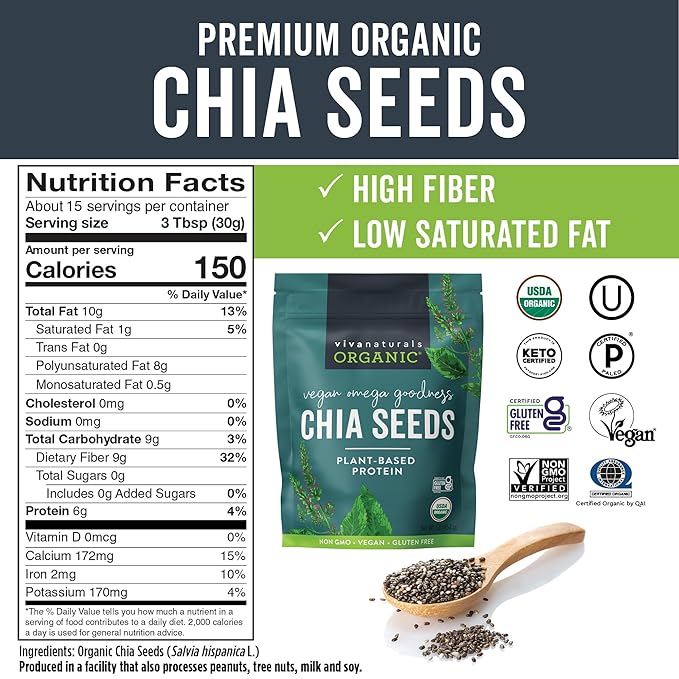 Viva Naturals Organic Chia Seeds, 1 lb (454 g) – Plant-Based Omega-3 and Vegan Protein, Gluten Free & Non-GMO, Perfect for Smoothies, Salads & Chia Pudding