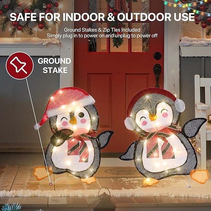 GENIMO 2-Piece 2D Penguin Outdoor Christmas Decorations, 50 Lights Penguin, Pre-Lit Clear Light Up Decor for Holiday Outside Indoor Home Lawn Yard Garden Patio with Scarf Stakes Zip Ties(23.5 in)