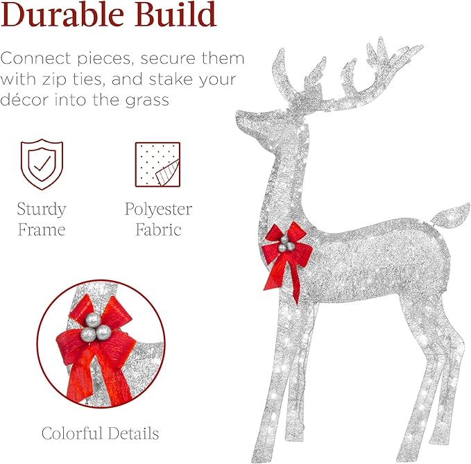 Best Choice Products 6.5ft 3-Piece Large Lighted Christmas Deer Family Set, Outdoor Yard Decoration with 385 LED Lights, Stakes, Zip Ties - Silver