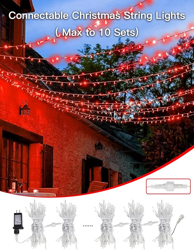 33FT 100 LEDs String Lights Waterproof Fairy Lights 8 Modes with Memory 30V UL Certified Power Supply for Home, Garden, Wedding, Party, Christmas Decoration Indoor Outdoor (Red)