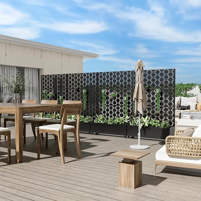 Casaphoria Metal Raised Garden Bed with Trellis and Wheels, 72"x47"x16" Planter Box for Climbing Plants, Vegetables & Vines, Features Drainage Holes and Privacy Screen (Black-Brick)