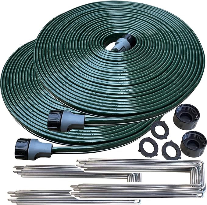 Watoo 2025 Sprinkler Hose & Soaker Hose for Yard - 150 FT Reinforced Flat Garden Hose with Holes, Heavy Duty No-Kink Lawn Irrigation Hose (Includes Stakes, High Pressure Spray)