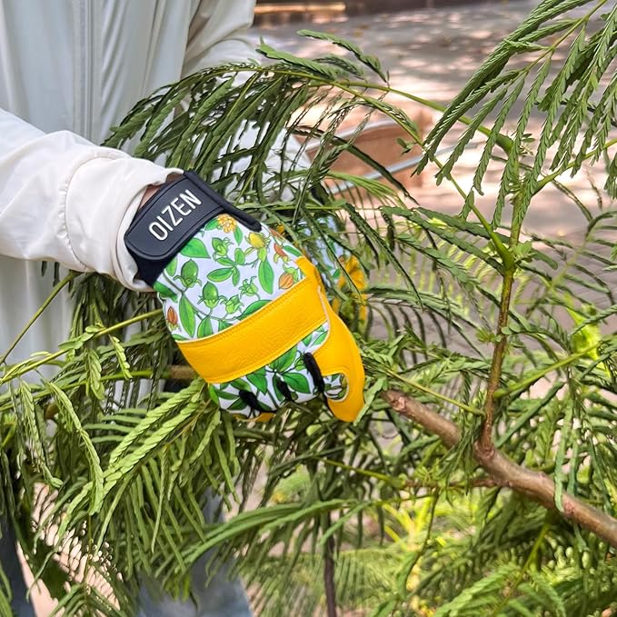 Cowhide Leather Thorn Proof & Puncture Resistant Gardening Gloves for Women, Touchscreen Compatible Working Gloves for Weeding, Digging, Planting, Gardening Gifts for Women (Green bellflowers, Medium)