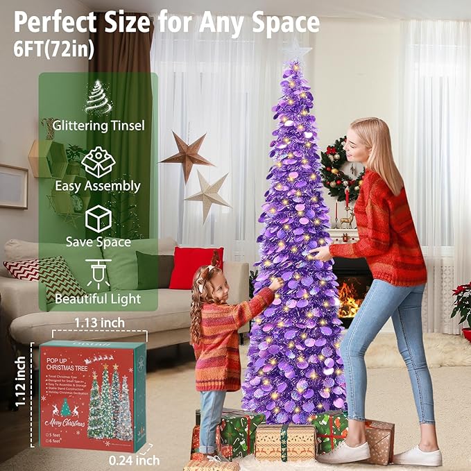 HMASYO 6 FT Pop Up Christmas Tree with 100 LED Lights & Remote, Purple Christmas Tinsel Tree, Collapsible Artificial Pencil Tree for Home Office Party Decor, USB Powered Timer Lights, Easy Assembly