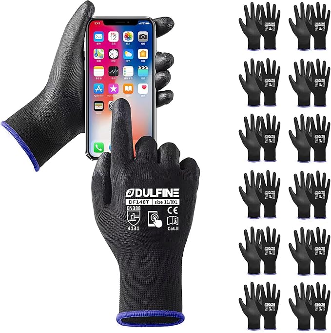 DULFINE Safety Work Gloves PU Coated for Men and Women-12 Pairs,Black Seamless Knit Glove with Two Fingers Touchscreen,Ideal for General Duty Work (XX-Large)
