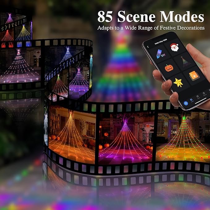 23FT RGB Color Changing Outdoor Christmas Decorations Hanging Waterfall String Lights with Star, APP&Remote Control, Music Sync, DIY Scenes, Waterproof LED Lights for Trees, Roof, Yard&Holiday Decor