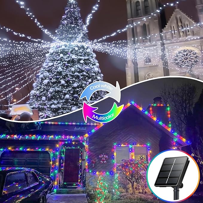 Cool White and Multicolor Color Changing Solar String Lights for Outside, 2 Pack 400LED Solar Christmas Lights Outdoor, Waterproof Copper Wire with 8 Modes Twinkle Fairy Light for Tree Christmas Decor