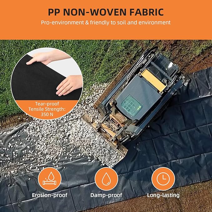 Towallmark Geotextile Landscape, 6ft x 100ft & 6oz Geotextile Fabric, PP Drainage 350N Tensile Strength & 440N Load Capacity, for Driveway & Road Stabilizationr, Erosion Control, French Drains