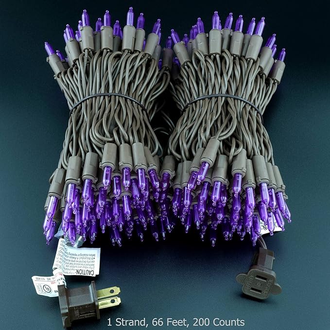 YULETIME 200 Purple LED Christmas Lights, 66 Feet Brown Wire UL Certified Commercial Grade Holiday String Light Set