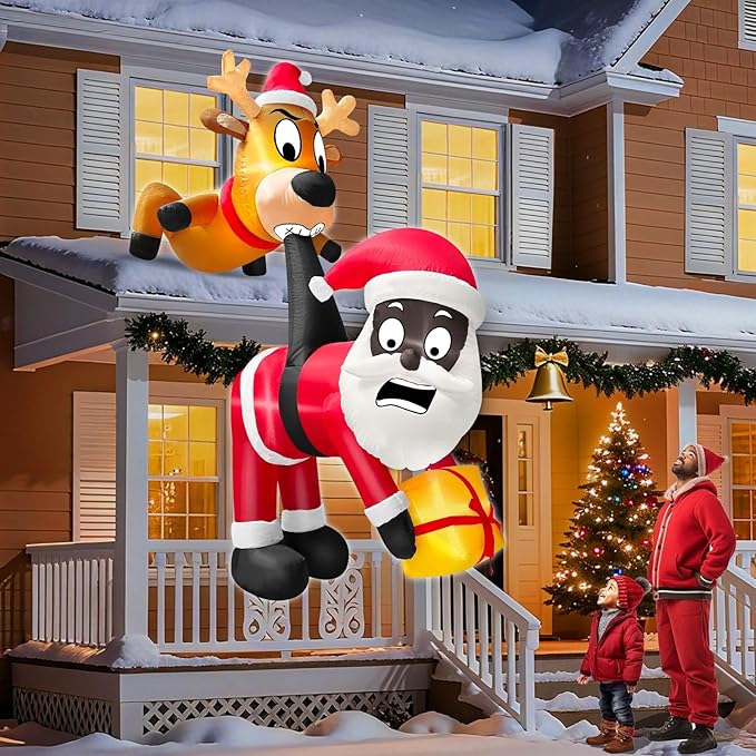 6 Ft Christmas Inflatable Reindeer & Climbing Black Santa Claus, Funny Hanging Outdoor Decoration with Built-in LED Light, Christmas Blow Up Yard Decor for Beam Roof Tree Indoor Home Party Lawn Decor