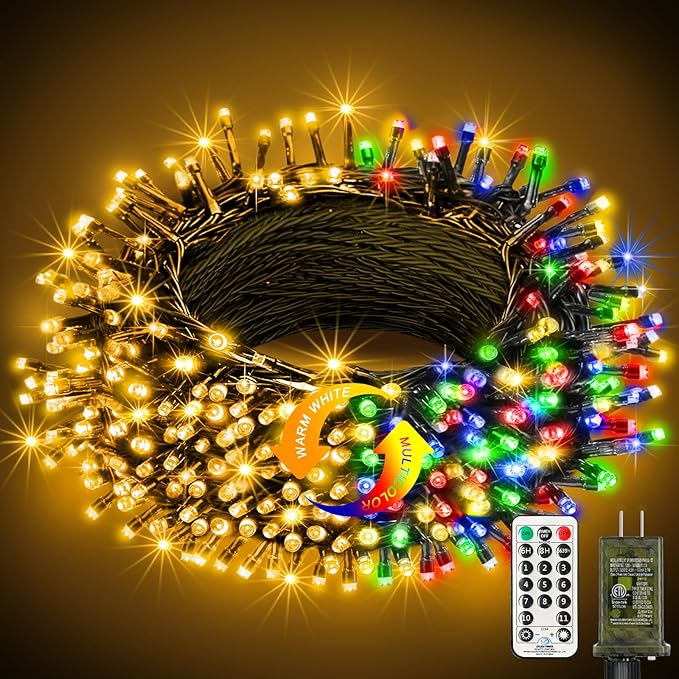 btfarm Color Changing Christmas Lights Outdoor, 49FT 100 LED Christmas Tree Lights Indoor with Remote, Timer Twinkle String Light Waterproof for Xmas Wedding Party Decor, Warm White & Multicolor