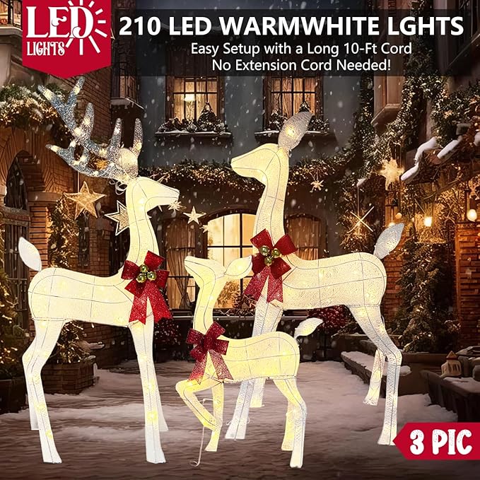 Lighted Reindeer Christmas Outdoor Yard Decorations, 4ft 3-Piece Reindeer Family Set with 240 LEDs, Ground Stakes, Durable Weatherproof Metal Frame for Home, Garden, Indoor Holiday Decor, White