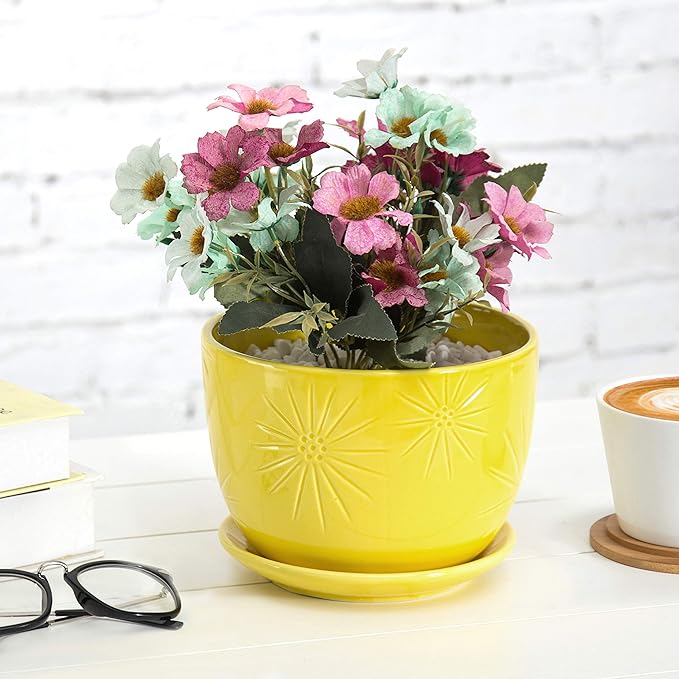 MyGift 7 Inch Round Yellow Ceramic Plant Pot with Drainage Hole and Attached Saucer, Modern Decorative Embossed Sunburst Planter Container for Indoor Home Garden