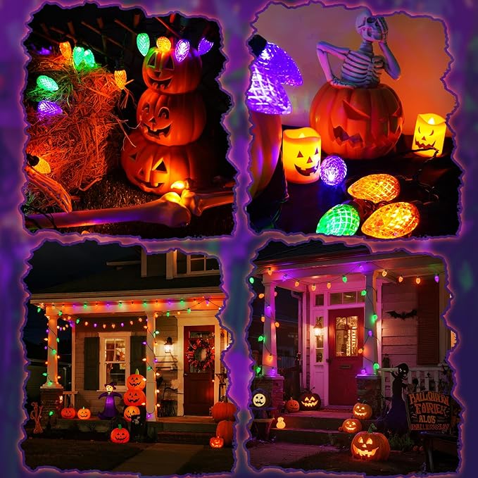 KAQ 2PK 100LED Orange Purple and Green C9 Halloween Lights Waterproof Indoor Outdoor, Extendable 98FT String Lights Plug in with 13 Lighting Modes, Halloween Decorations for Party, Outside Yard Decor