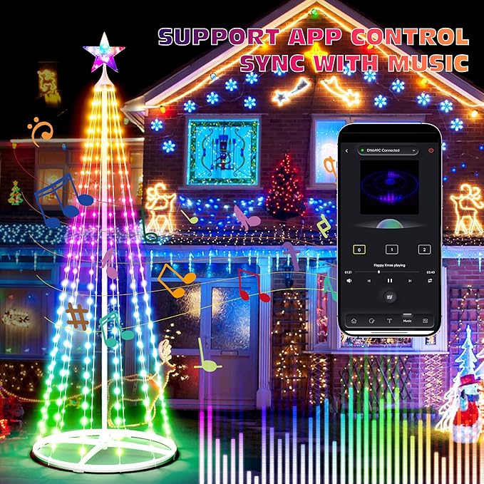 5FT Smart Cone Christmas Tree, Multicolor Prelit Outdoor Christmas Tree Lights, Music Sync, App & Remote Control, LED Light Show Tree for Indoor Outdoor Decorations
