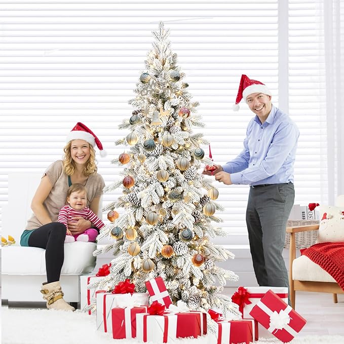 6 FT Pre-Lit Snow Flocked Slim Fir Christmas Tree with 935 PE & PVC Mixed Branch Tips,Artificial Skinny Pencil Xmas Tree with 600 Warm-White Lights & 31 Pine Cones,Hinged Pine Tree with Metal Stand