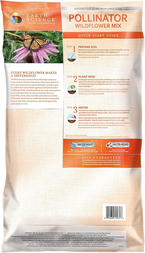 Earth Science Wildflower Pollinator Mix— 6 lb—3-in-1 Mix with Premium Wildflower Seed, Plant Food and Soil Conditioners, Non-GMO, for Bees, Hummingbirds, Butterflies, Pollinators