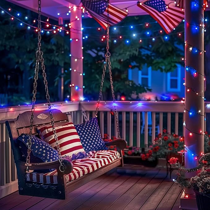 JMEXSUSS 200 LED 66ft Red White and Blue Lights Outdoor, Expandable Waterproof 4th of July Lights, 8 Modes Patriotic String Lights Plug in for 4th of July Tree Independence Day Indoor Decorations