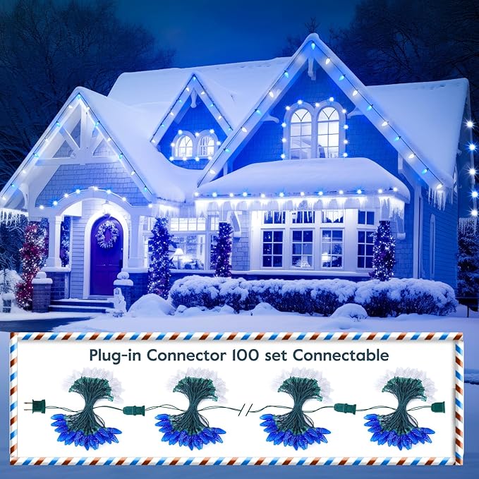 Brightown 2 Pack Blue and White C9 LED Christmas String Lights - 33ft 50 LED Waterproof Strawberry String Lights, Plug-in Extendable Green Wire Lights String for Outdoor Indoor Patio Party Decoration