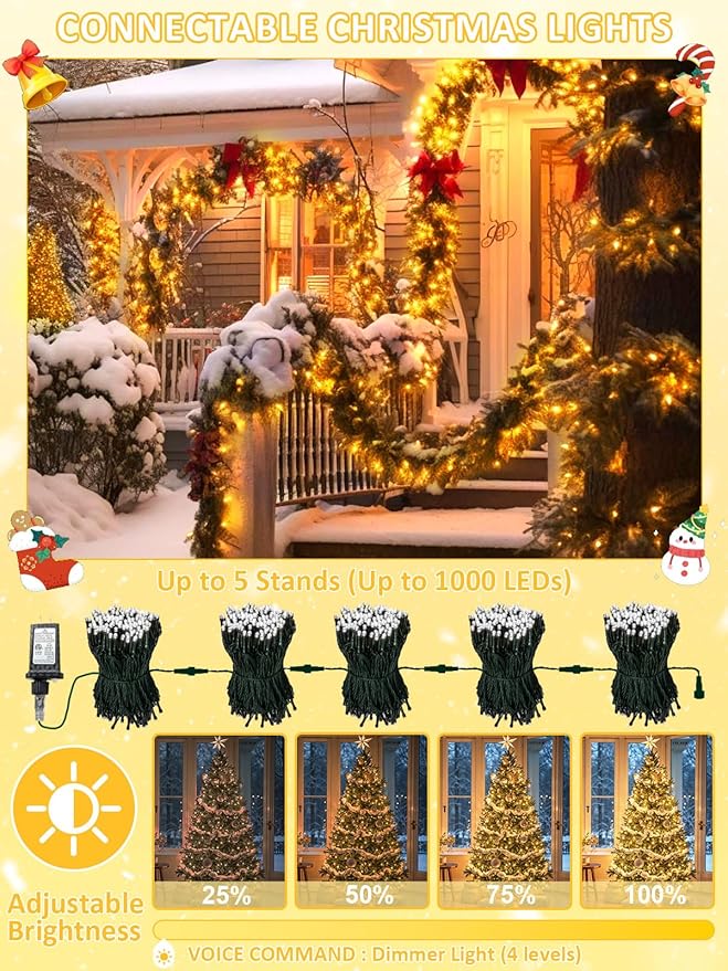 Voice Controlled Smart Christmas Lights Outdoor, 108.8ft 300 LED Extendable String Lights with 7 Voice Commands, 12 Modes & Timer, Waterproof Christmas Tree Lights for Party Garden (Warm White)