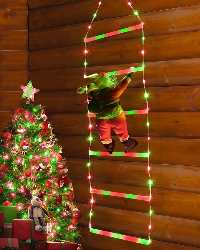 Toodour LED Christmas Light - 2.5FT Christmas Decorative Ladder Lights with Santa Claus, Xmas Decorations Light for Indoor Outdoor, Window, Garden, Home, Wall, Xmas Tree Decor - Red & Green