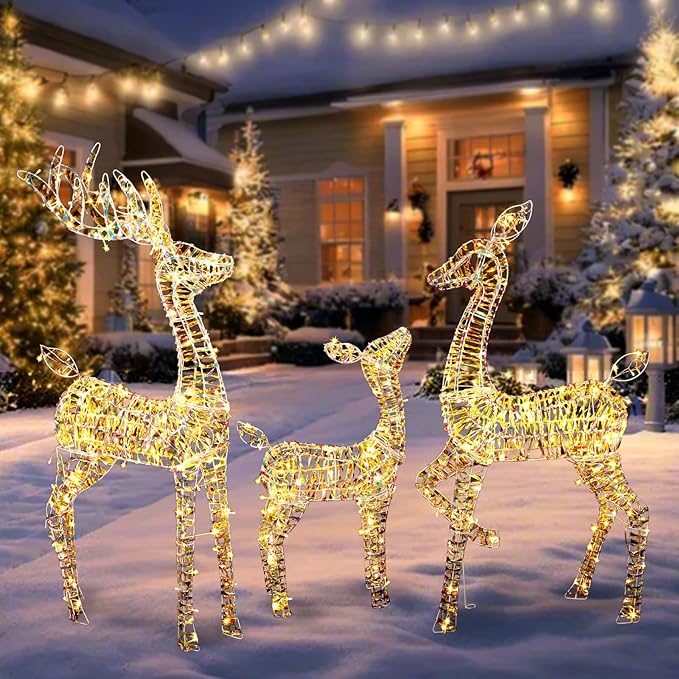 51" H Christmas Iridescent Reindeer Decoration Family Set for Yard 3-Piece Light Up Deer with 360 LED Lights and Ground Stakes 3D Large Outdoor Holiday Decoration for Patio, Lawn, Garden