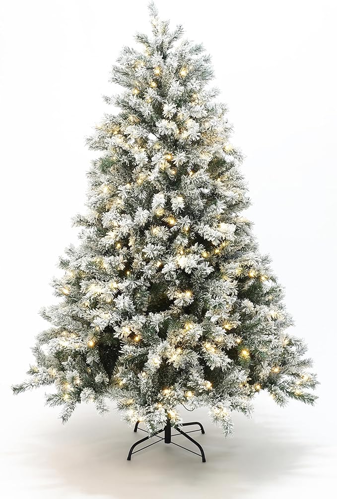 LuxenHome 6.5FT Christmas Tree with Lights, Flocked Artificial Christmas Tree with 8 Lighting Functions, 1100 PVC Tips, 480 Warm White Lights, Prelit Xmas Trees for Indoor and Outdoor Holiday Decor