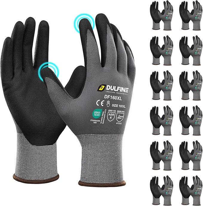 DULFINE Safety Work Gloves MicroFoam Nitrile Coated-12 Pairs Pack,Seamless Knit Nylon Glove with Black Micro-Foam Nitrile Grip,Ideal for General Purpose,Automotive,Home Improvement,Painting(Small)